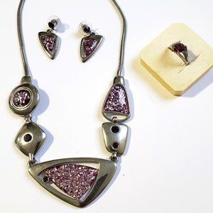 3PC.Semi- Tourmaline Ring silver setting, Retro Y2K bracelet earrings